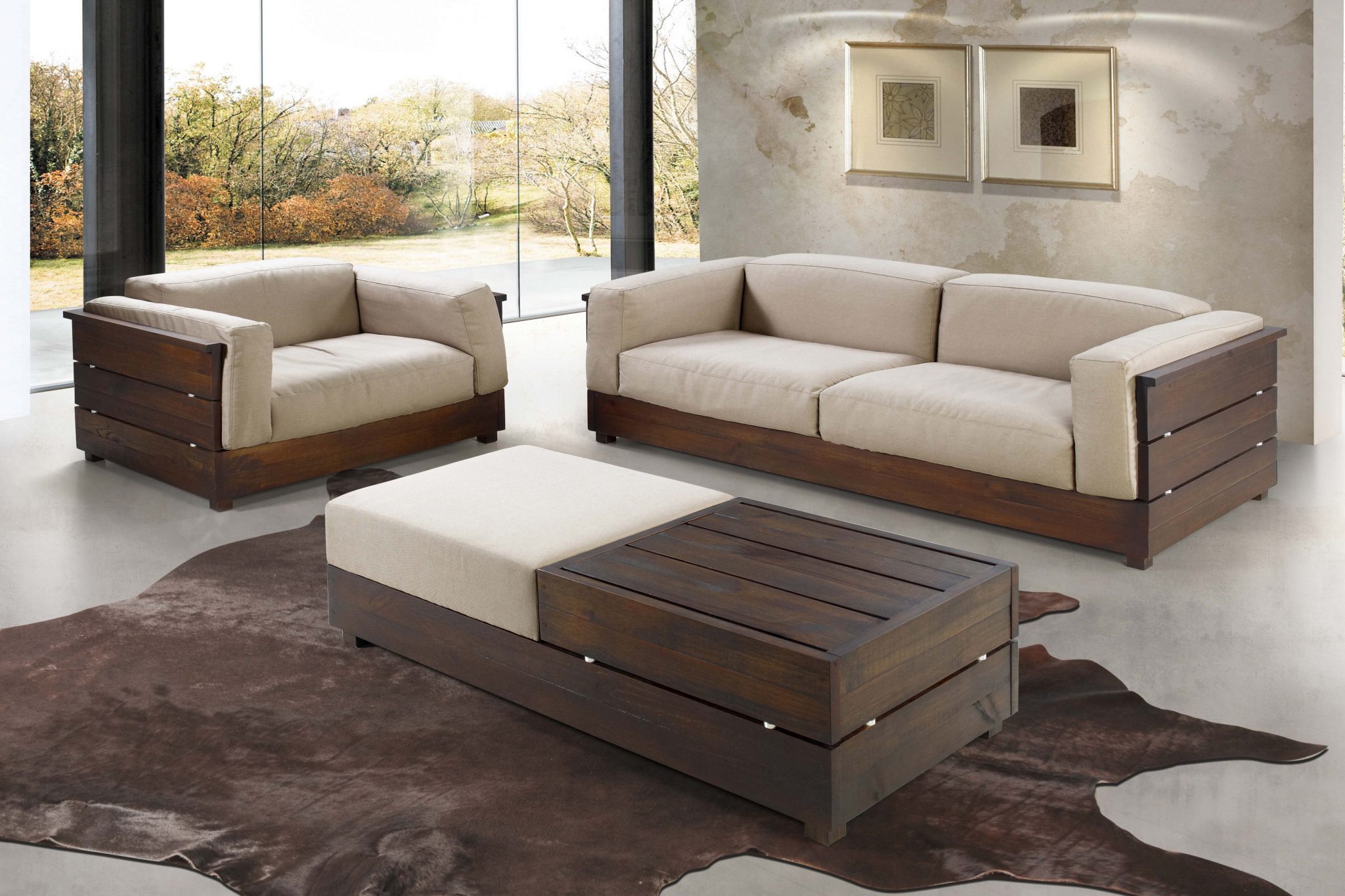 угловой деревянный диван с подушками